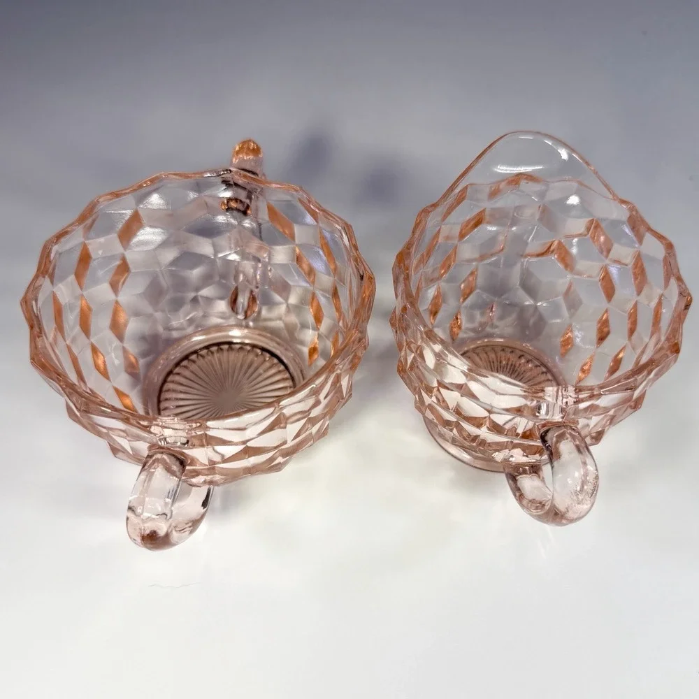Vintage Jeannette Cubist Pink Depression Glass Sugar & Creamer Set Cube Pattern